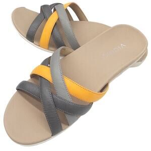Vionic Dava  Leather Strappy Flat Sandals 7 Women's Gray Orange